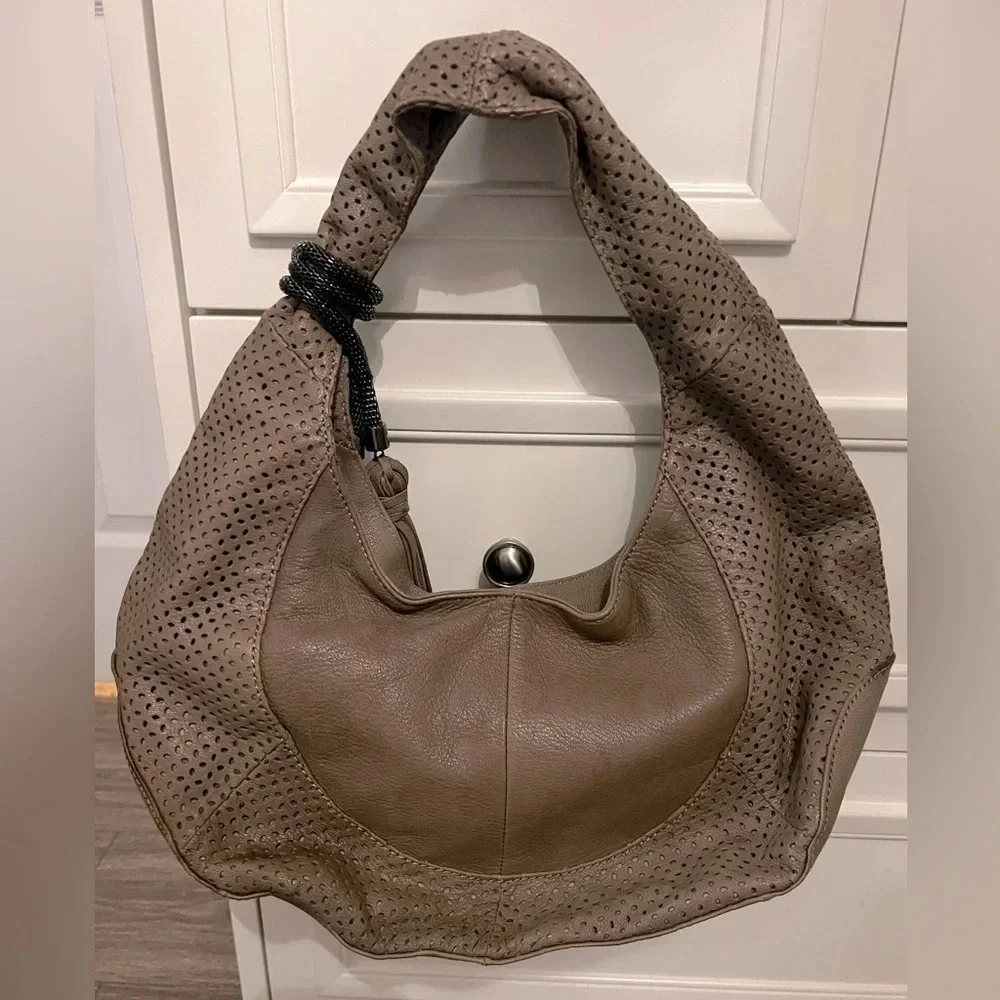 BCBG MAXAZRIA Faux Leather Grey Beige Shoulder Hobo Bag With Suede Fringe